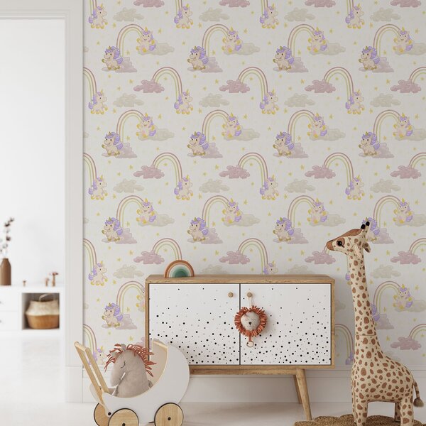 Tapet Unicorn drăguț cu curcubee și stele, Tapet pentru copii, a00339 : Uwalls.ro