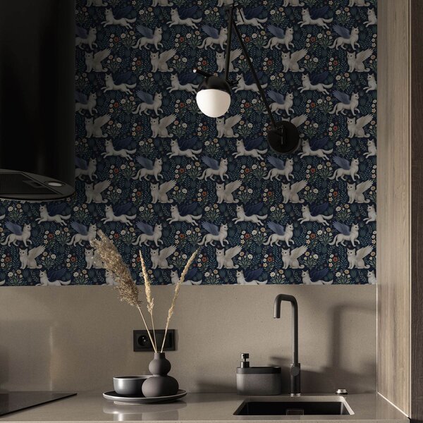 Tapet Fantasy pisici cu aripi printre flori, Tapet modern, a00408 : Uwalls.ro