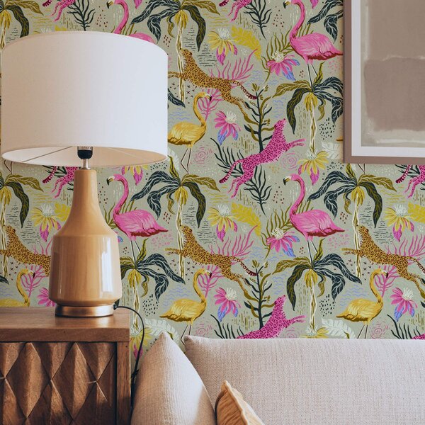 Tapet Flamingo luminoase și leoparzi printre plante tropicale, Tapet natura, a00470 : Uwalls.ro