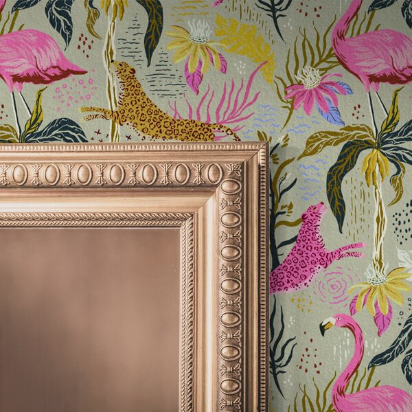 Tapet Flamingo luminoase și leoparzi printre plante tropicale, Tapet natura, a00470 : Uwalls.ro
