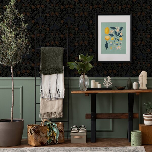 Tapet Ornament floral închis cu accente portocalii, Tapet flori, a00411 : Uwalls.ro