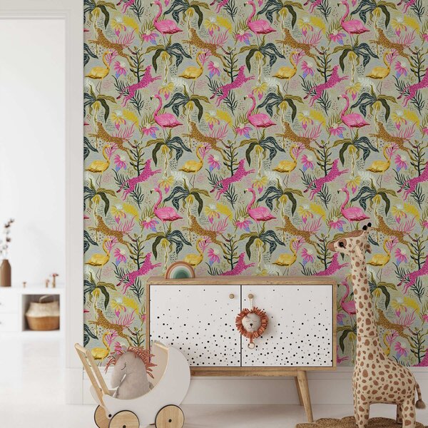 Tapet Flamingo luminoase și leoparzi printre plante tropicale, Tapet natura, a00470 : Uwalls.ro