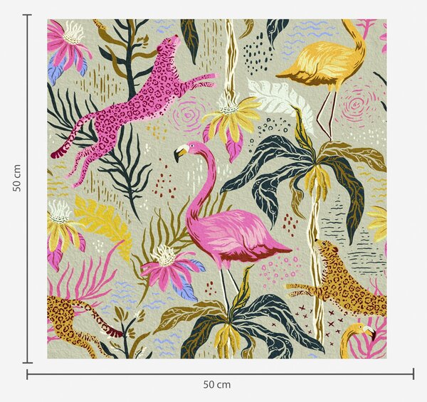Tapet Flamingo luminoase și leoparzi printre plante tropicale, Tapet natura, a00470 : Uwalls.ro