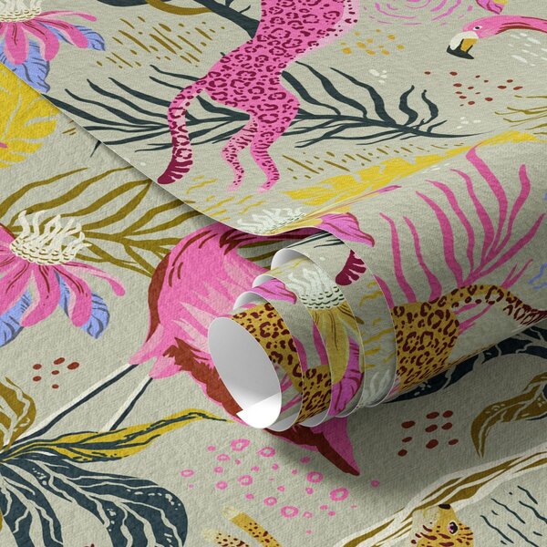 Tapet Flamingo luminoase și leoparzi printre plante tropicale, Tapet natura, a00470 : Uwalls.ro