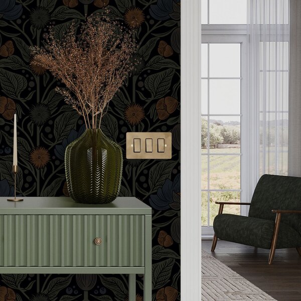 Tapet Ornament floral închis cu accente portocalii, Tapet flori, a00411 : Uwalls.ro