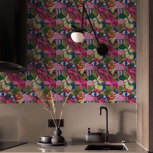 Tapet Pop-art abstract cu flori, fructe de pădure și modele, Tapet abstract, a00471 : Uwalls.ro