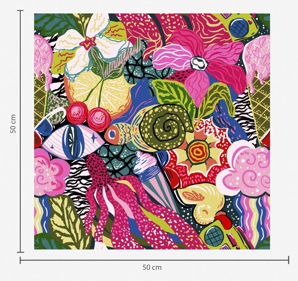 Tapet Pop-art abstract cu flori, fructe de pădure și modele, Tapet abstract, a00471 : Uwalls.ro