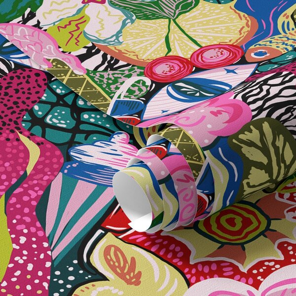 Tapet Pop-art abstract cu flori, fructe de pădure și modele, Tapet abstract, a00471 : Uwalls.ro