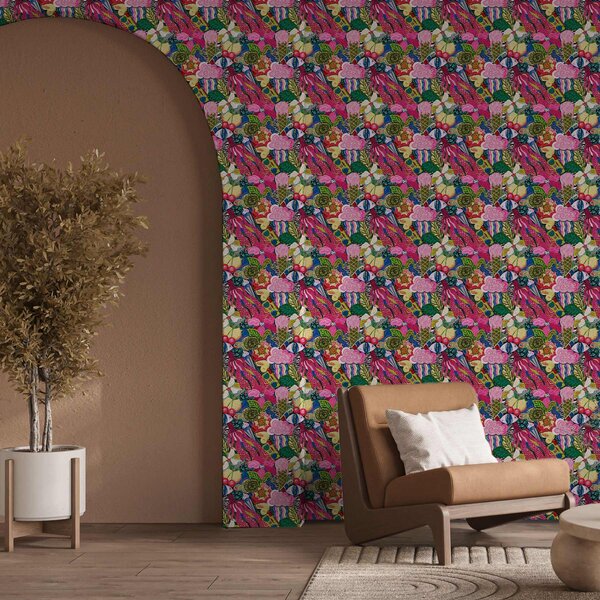 Tapet Pop-art abstract cu flori, fructe de pădure și modele, Tapet abstract, a00471 : Uwalls.ro