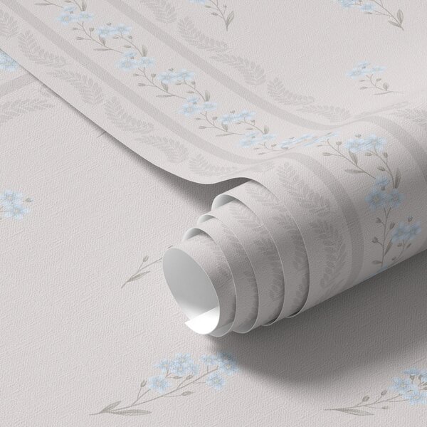 Tapet Fundal roz cu flori albastre delicate și margine, Tapet flori, a00484 : Uwalls.ro