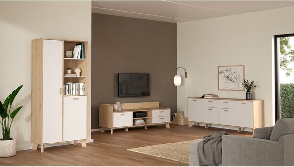 Comodă albă-în culoare naturală cu aspect de lemn de stejar 196x73x39 cm Ikast – Tvilum