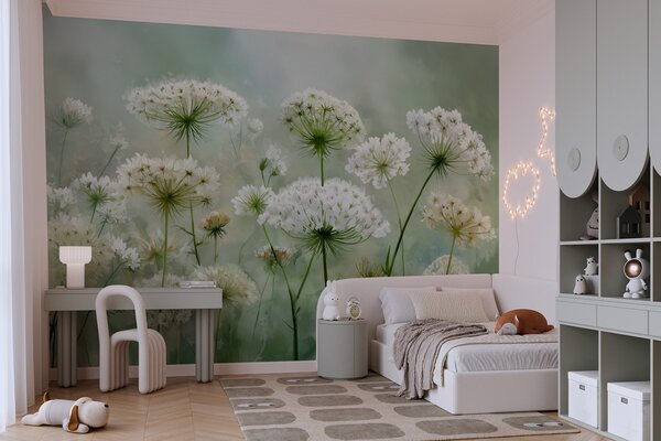 Tapet flori sălbatice albe delicate Regina Anne, într-un stil pitoresc, tonuri verzi, Fototapet Acuarelă, w04313 : Uwalls.ro