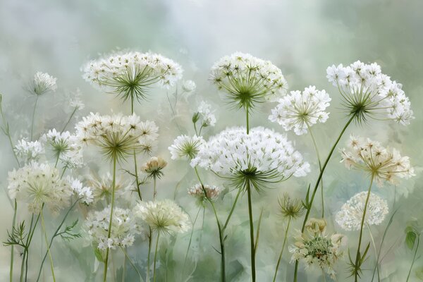 Tapet flori sălbatice albe delicate Regina Anne, într-un stil pitoresc, tonuri verzi, Fototapet Acuarelă, w04313 : Uwalls.ro