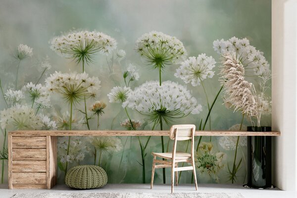 Tapet flori sălbatice albe delicate Regina Anne, într-un stil pitoresc, tonuri verzi, Fototapet Acuarelă, w04313 : Uwalls.ro