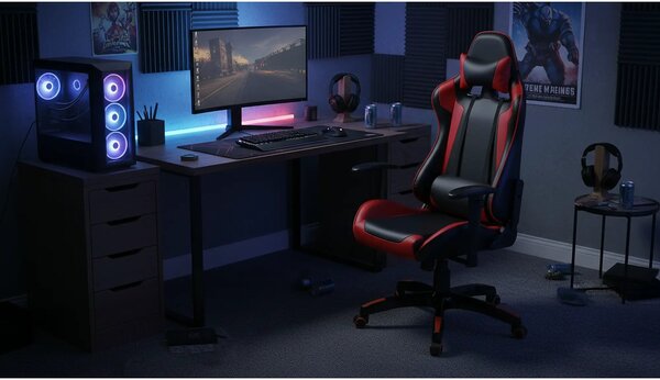 Scaun gaming DEFENDER, rosu/negru, piele ecologica, 68x69x126/134 cm