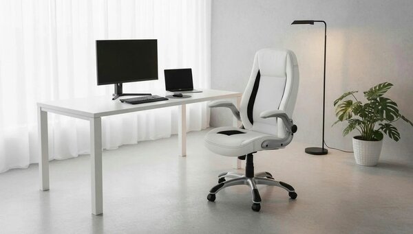 Scaun de birou SATURN, alb, piele ecologica perforata, 67x65x112/120 c