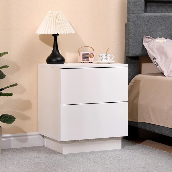 Noptieră cu 2 sertare, iluminare LED, telecomanda, Alb, 45x35x52 cm