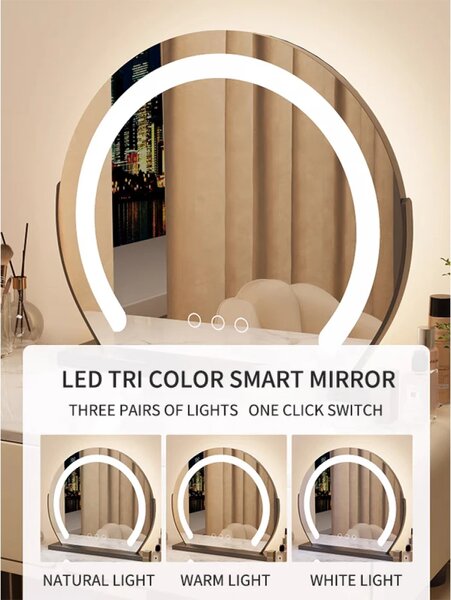 Set KARLA – Masă de Toaletă pentru Machiaj, Oglindă Iluminată LED, Control Touch, 5 sertare, Comoda, Scaun tip boucle, IVORY
