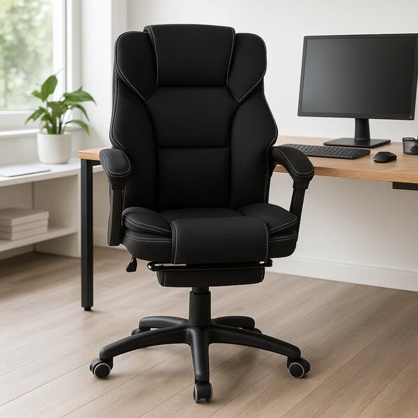 Scaun directorial, masaj lombar, spatar rabatabil, suport pentru picioare, material textil auto premium, Negru