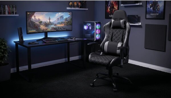 Scaun gaming DRAKE, negru/gri, stofa, 69x62x127/134 cm