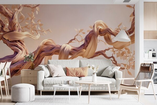 Tapet Trunchi de copac răsucit cu frunze decorative, Fototapet Natură, w09360 : Uwalls.ro