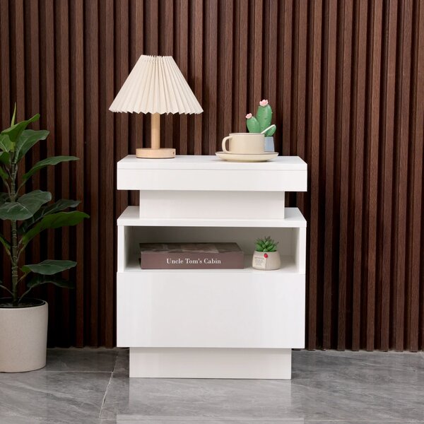 Noptieră cu un sertar și spațiu intermediar, iluminare LED, telecomanda, Alb, 45x35.5x52 cm