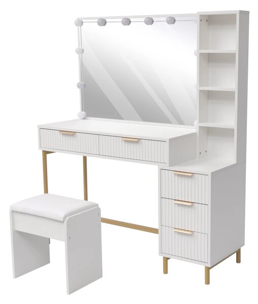 Set ANDIA – Masă de Toaletă pentru Machiaj, Oglinda Iluminata, Becuri LED, 5 sertare, Rafturi, Scaun, Alb/Auriu