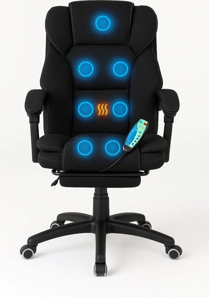 Scaun directorial, Masaj si Incalzire in 7 puncte, spatar rabatabil, suport pentru picioare, material textil premium, Negru