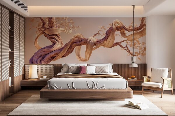 Tapet Trunchi de copac răsucit cu frunze decorative, Fototapet Natură, w09360 : Uwalls.ro