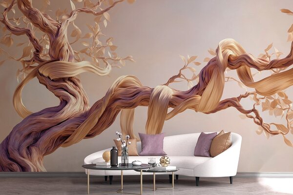 Tapet Trunchi de copac răsucit cu frunze decorative, Fototapet Natură, w09360 : Uwalls.ro