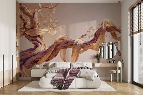Tapet Trunchi de copac răsucit cu frunze decorative, Fototapet Natură, w09360 : Uwalls.ro