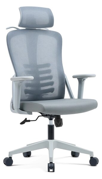 NICOLE-H Scaun ergonomic, cotiere 4D, tetiera 2D, suport lombar ajustabil, umeras, spatar Mesh, sezut textil, Gri