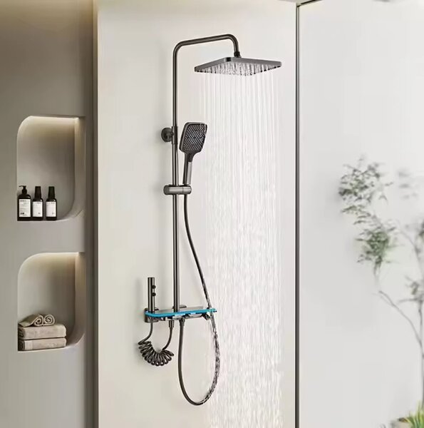 Coloană de duș termostat, afișaj digital, lumină LED ambientală, 4 funcții, butoane ca de pian, cap duș dreptunghiular, efect de ploaie, montare pe perete, 6002