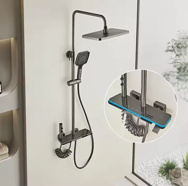 Coloană de duș termostat, afișaj digital, lumină LED ambientală, 4 funcții, butoane ca de pian, cap duș dreptunghiular, efect de ploaie, montare pe perete, 6002