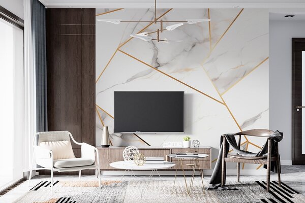 Tapet Imitarea unei suprafețe de marmură cu un model geometric galben, Fototapet Modern, w09363 : Uwalls.ro