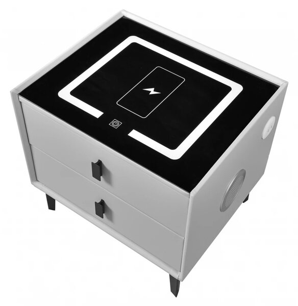 Noptiera SMART Multifunctionala, iluminare LED tactil cu 3 culori, incarcare wireless si USB, difuzor Bluetooth, 2 sertare, Gri Deschis