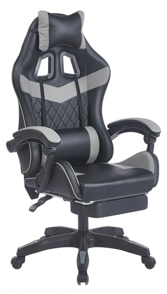Scaun gaming, sistem iluminare bandă LED RGB, masaj în perna lombară, suport picioare, Negru/Gri