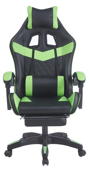 Scaun gaming, sistem iluminare bandă LED RGB, masaj în perna lombară, suport picioare, Negru/Verde