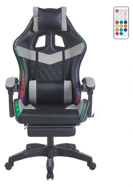 Scaun gaming, sistem iluminare bandă LED RGB, masaj în perna lombară, suport picioare, Negru/Gri