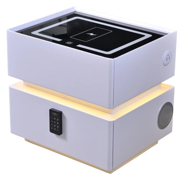Noptieră inteligentă multifuncțională, sertar tip seif cu parolă, încărcare Wireless, difuzor Bluetooth, iluminare LED touch în 3 culori, Alb