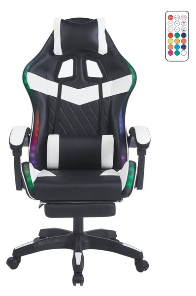 Scaun gaming, sistem iluminare bandă LED RGB, masaj în perna lombară, suport picioare, Negru/Alb