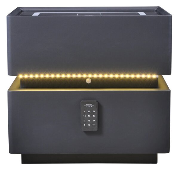 Noptieră inteligentă multifuncțională, sertar tip seif cu parolă, încărcare Wireless, difuzor Bluetooth, iluminare LED touch în 3 culori, Negru