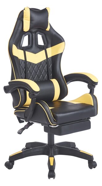 Scaun gaming, sistem iluminare bandă LED RGB, masaj în perna lombară, suport picioare, Negru/Galben