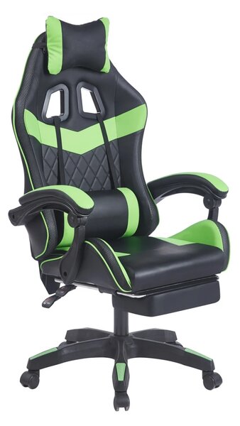 Scaun gaming, sistem iluminare bandă LED RGB, masaj în perna lombară, suport picioare, Negru/Verde