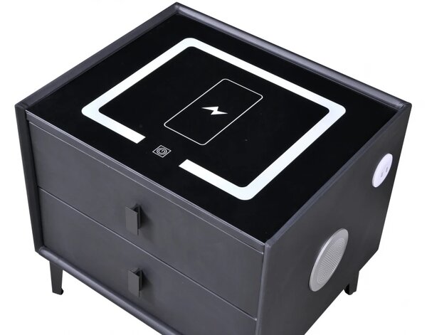 Noptiera SMART Multifunctionala, iluminare LED tactil cu 3 culori, incarcare wireless si USB, difuzor Bluetooth, 2 sertare, Negru