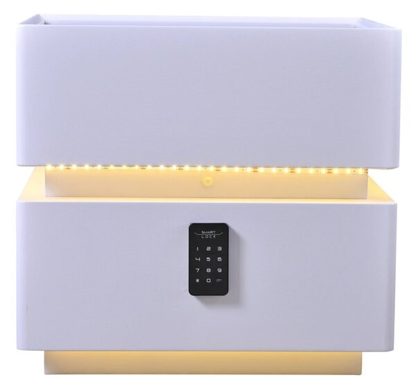 Noptieră inteligentă multifuncțională, sertar tip seif cu parolă, încărcare Wireless, difuzor Bluetooth, iluminare LED touch în 3 culori, Alb