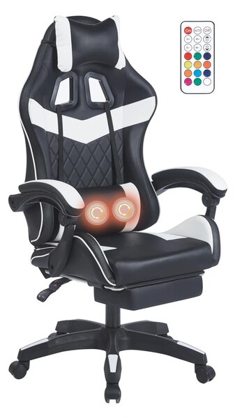 Scaun gaming, sistem iluminare bandă LED RGB, masaj în perna lombară, suport picioare, Negru/Alb