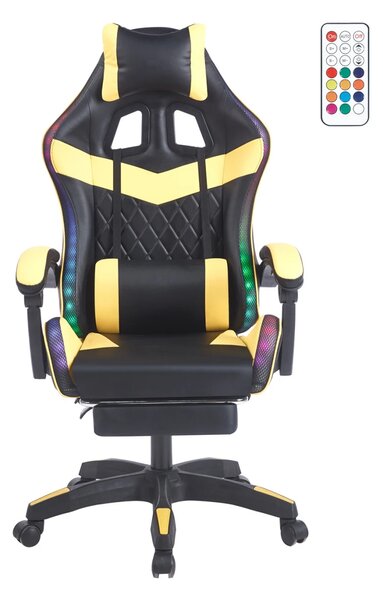 Scaun gaming, sistem iluminare bandă LED RGB, masaj în perna lombară, suport picioare, Negru/Galben