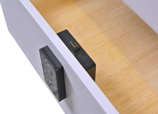 Noptieră inteligentă multifuncțională, sertar tip seif cu parolă, încărcare Wireless, difuzor Bluetooth, iluminare LED touch în 3 culori, Alb