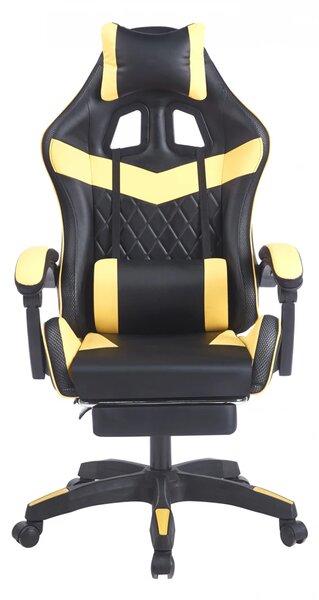 Scaun gaming, sistem iluminare bandă LED RGB, masaj în perna lombară, suport picioare, Negru/Galben